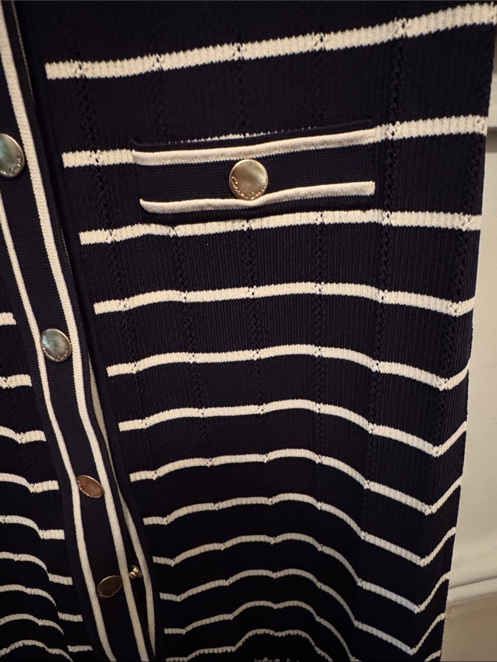Chic Navy & White Striped Knit Gold Button-Front Dress by Cara Cara - Picture 5 of 11